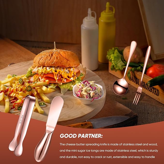 14 Pieces Charcuterie Board Accessories Cheese Spreader Knives Set Stainless Steel Charcuterie Utensils Spreader Knives Mini Serving Tongs Spoons and Forks for Cheese and Pastry Making (Rose Gold)