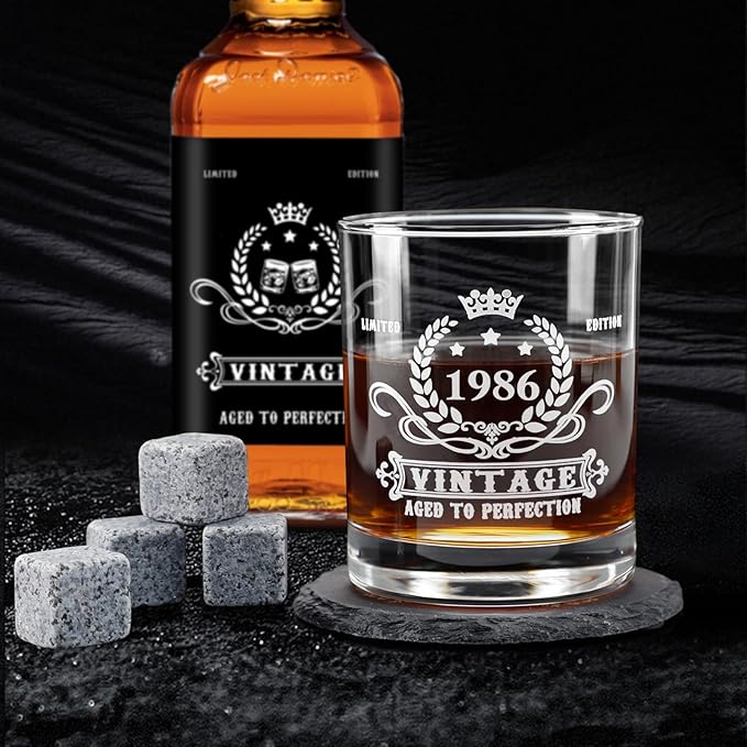 YeohJoy 40th Birthday Gifts for Men,Vintage 1986 Whiskey Glass Set,Wood Box & Whiskey Stones & 1986 Poster Anniversary Card & Coaster,Birthday Gifts Ideas for Him,Husband,Dad