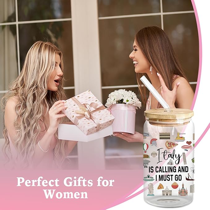 Italy Travel Essentials - Cute Glass Cup with Lids and Straws, 16 Oz Tumbler for Women's Birthday, Christmas, Travel Gifts