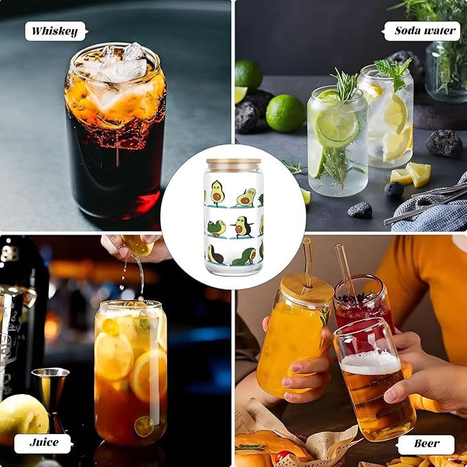 Avocado Yoga Transparent Glass Cup 16 OZ —— Bamboo Lid & Straw, The Travel Glassware Great for Any Occasion, Any Hot and Cold Drinks