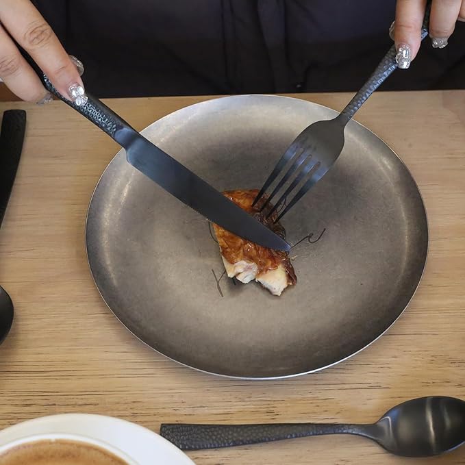 Silverware 45-Piece Matte Black Hammered Flatware Set with Serving Utensils, Stainless Steel Thick Handle Matte Polished Cutlery Set for Wedding Hotel Restaurant, Service for 8