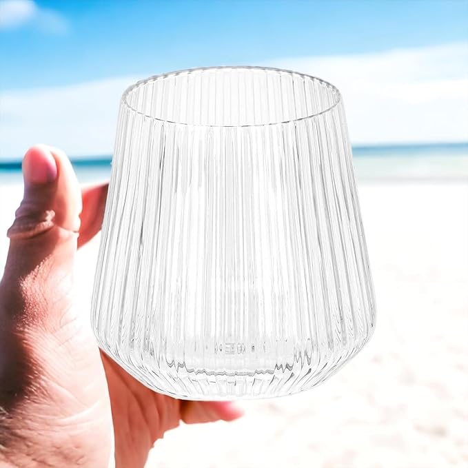 48 Pack Ribbed Origami Ripple Plastic Glasses, 24 9 Ounce Stemless Champagne Flutes & 24 12 Ounce Cups, BPA-Free Disposable Shatterproof Toasting Glasses for Weddings, Bars, and Events (Clear)