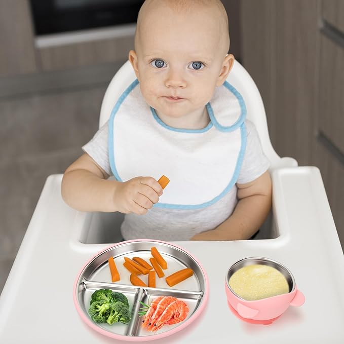 Stainless Steel Baby Plate and Bowls with Suction, Divided Kids Baby Plate and Toddler Bowl with Removable Silicone Suction, Non-Slip Baby Feeding Set Dishwasher Safe,4 Packs