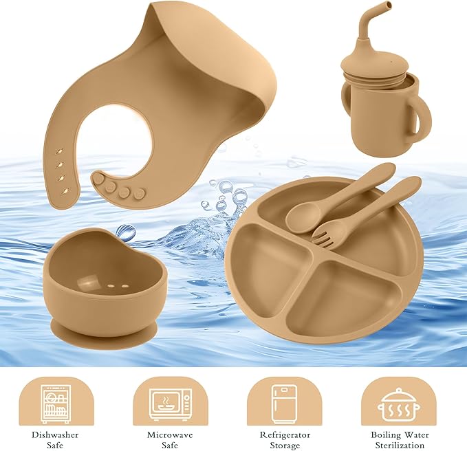 6-Piece Baby Feeding Set, Silicone Baby Mealtime Kit for Food-Grade Strong Suction Baby Plate+Baby Cup+ Bib+Fork+Spoon+Bowl, Toddler Eating Essentials Washable Parenting Gift Idea (Yellow)