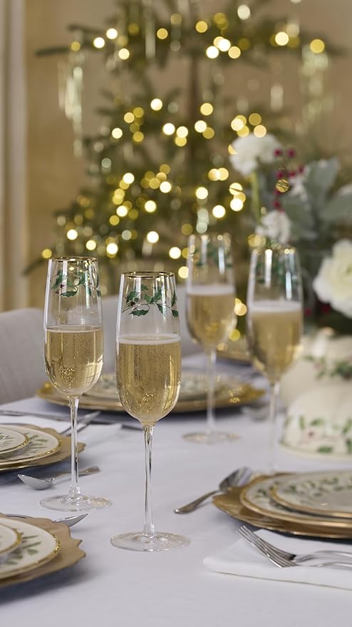 Lenox Glassware, Holiday Decal Flutes, Set of 4, 11-Ounce Capacity, Made From Glass, Dishwasher Safe Flutes, Drinking Glasses Set, Home And Kitchen, Champagne Flute, Champagne Glasses (Clear, 4 Piece)