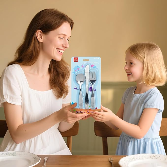 Lehoo Castle Kids Silverware Stainless Steel 6 Piece - Toddler Spoons and Forks Knife Set, Metal Kids Cutlery Set, Toddler Utensils Self Feeding (Ocean Park)