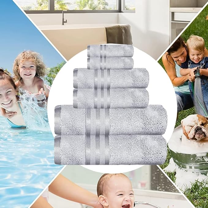 CASA COPENHAGEN Zero Twist, 6 Pieces Set 100% Cotton 0" Twist Towel Set- Grey Violet, 600 GSM, 2 Bath, 2 Hand, 2 Washcloths Made from Egyptian Cotton, Ultra Soft Luxury Towels for Bathroom.