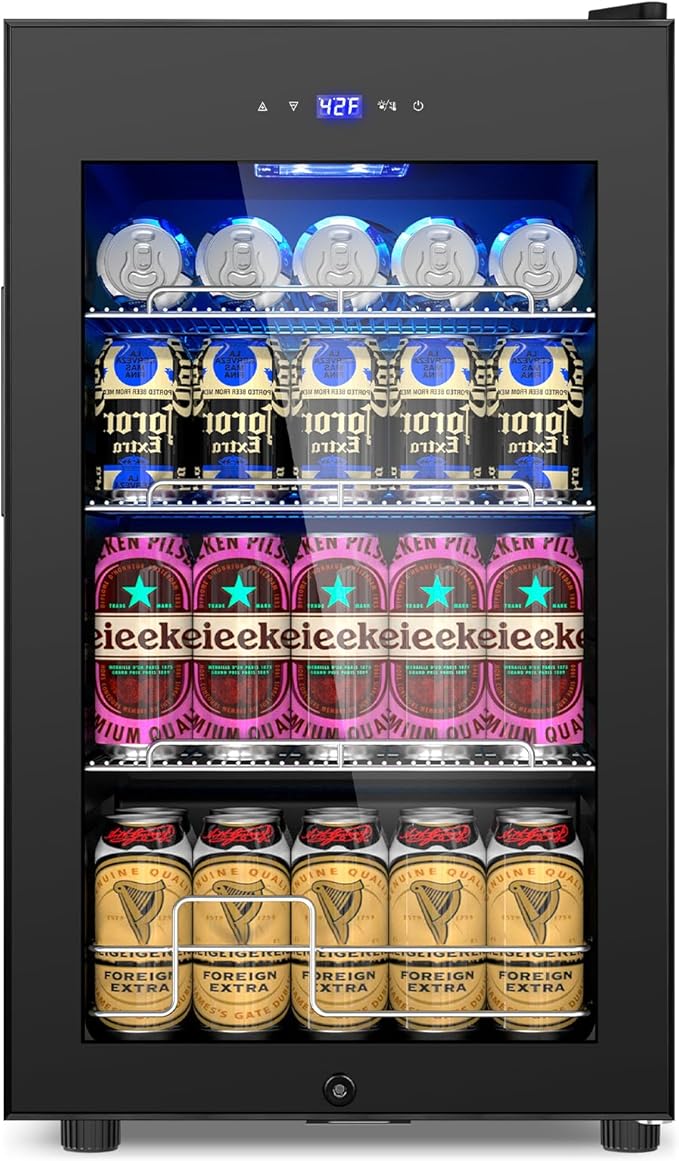 17Inch Beverage Refrigerator and Cooler Freestanding, 96 Cans Mini Fridge with glass door and Lock, Small Drink Fridge for Soda, Beer, Wine, For Home Bar Office with LED Light