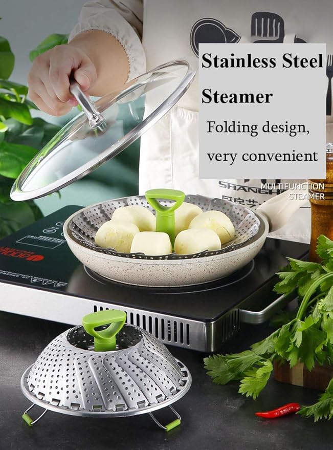 Vegetable Steamer Basket, Stainless Steel Folding Steamer Basket Insert for Veggie Fish Seafood Cooking, Expandable to Fit Various Size Pot (7.1" to 11" Triangle)
