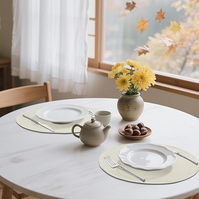 homing 15 Inch Round Cloth Placemats Set of 4, Cotton Linen Blend Washable Table Mats, Farmhouse Dining Place Mats for Indoors & Outdoors, Easy to Clean, Cream