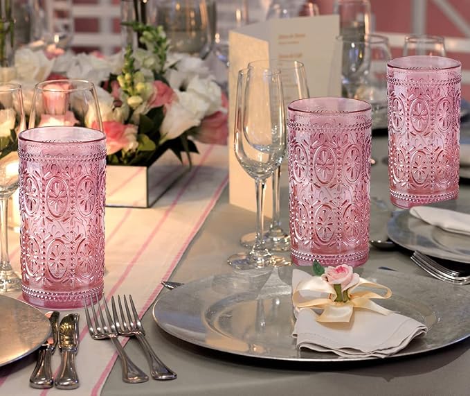 6 Pack Pink Glassware Drinking, 12oz Highball Embossed Beverage Glass Cup, Vintage Drinking Glasses, Colored Water Glasses for Party Wedding Home Office and Gift