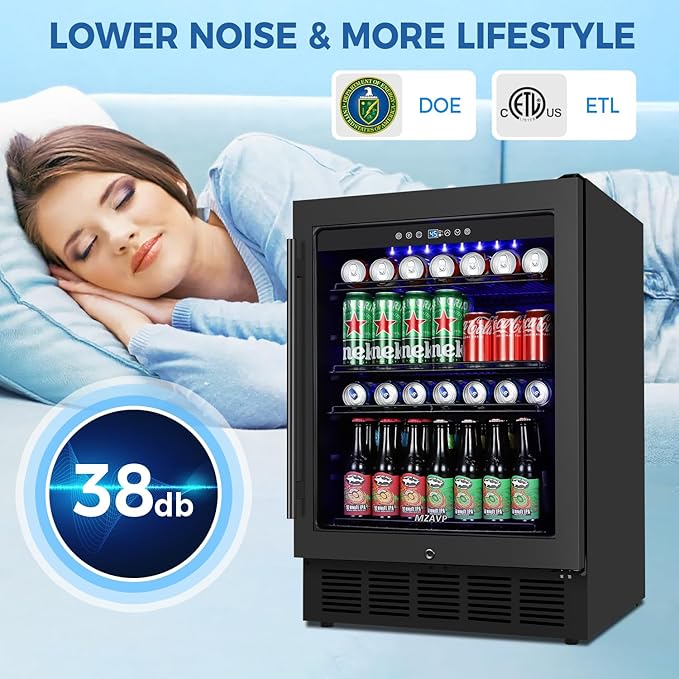 24 Inch Wide Beverage Refrigerator, Under Counter 24" Beverage Cooler with Glass Door, 180 Cans Drink Fridge Built-in/Freestanding Beer Fridge with Powerful Cooling for Home/Kitchen, Black