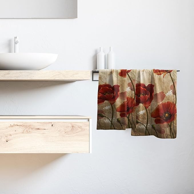Imiss Red Poppy Flower Hand Towels Set of 2 - Rustic Brown Wooden Multi-Purpose Guest Kitchen Towel 14.4 x 28.3 Inch for Face Bathroom Gym Spa