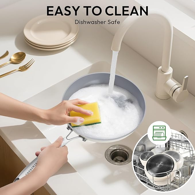 10-Piece Ceramic Nonstick Cookware Set - PFOA-Free Pots and Pans with Glass Lids, Healthy Cooking Easy Clean, Induction Compatible & Oven Safe, Includes Frying Pan, Saucepan, Stockpot - Cream White