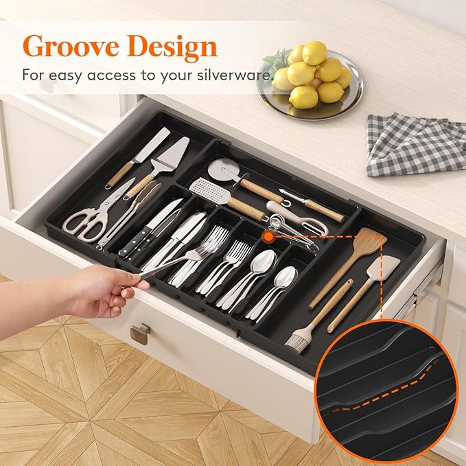 Lifewit Silverware Drawer Organizer, Expandable from 18.7 to 33 inches, Adjustable Utensil Tray for Kitchen, Large Cutlery Holder, Plastic Flatware Storage for Spoons Forks Knives, Black