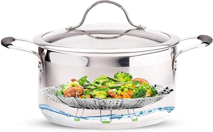 Consevisen Vegetable Steamer Basket for Cooking Food, Stainless Steel Veggie Steam Basket for Pot, Folding Expandable Steaming Insert with Extendable Handle Fits Various Size Pot, 6.4" to 10"