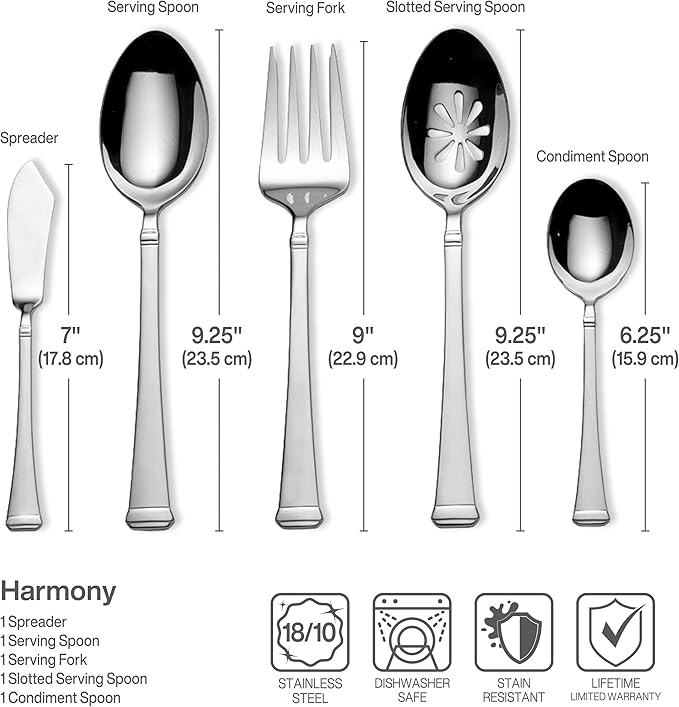 Mikasa Harmony 65-Piece Flatware Set for 12, 18/10 Stainless Steel Silverware with Forks, Knives, Spoons, and Serving Utensils, Elegant Design