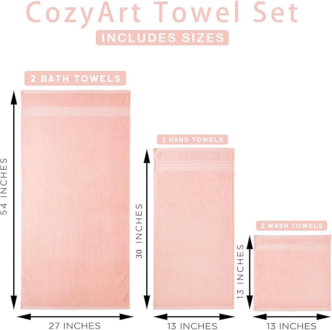 COZYART Pink Bathroom Towels Set, 100% Turkish Cotton Bath Towel Sets of 3 for Bathroom, Super Soft Highly Absorbent, 650 GSM Luxury Set with 1 Bath Towel, 1 Hand Towel, 1 Washcloths