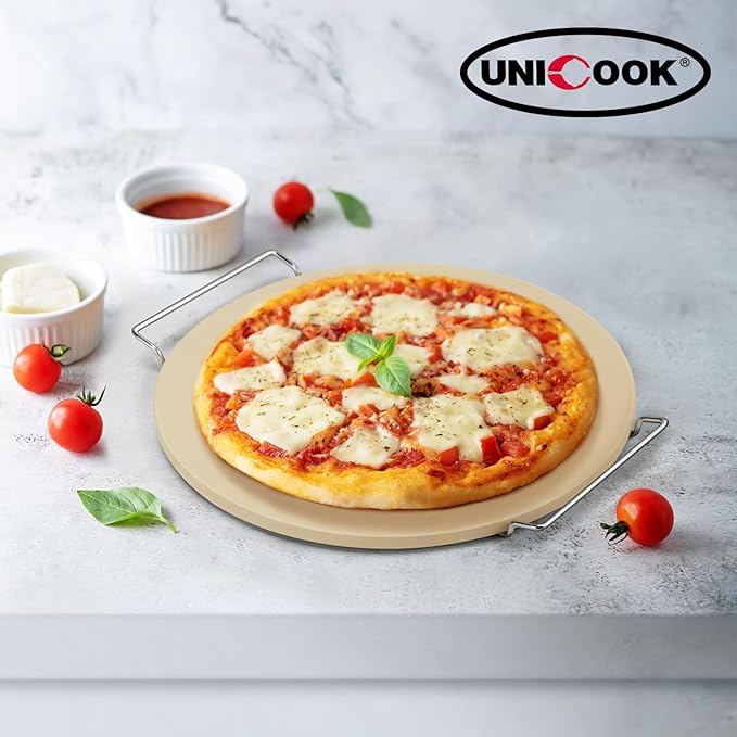Unicook 12 Inch Round Pizza Stone for Oven and Grill, Cordierite Bread Baking Stone, Baking Crispy Pizzas, Bread and Cookies, Includes Carry Rack and Dough Scraper