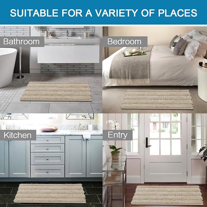 H.VERSAILTEX Bathroom Rug Sets 2 Piece Bath Mats Non Slip Thick Soft Chenille Striped Bath Rug achine Washable Shower Floor Rugs for Tub, Shower and Floor (Fog, 20" x 32"/17" x 24")