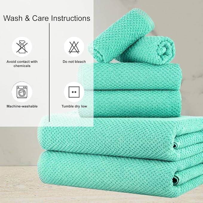 CASA COPENHAGEN Popcorn 6 Pieces Towel Set- Aqua Blue, 600 GSM 2 Bath Towel 2 Hand Towel 2 Washcloth, Designed in Denmark Made of Soft Egyptian Cotton for Bathroom, Kitchen & Shower