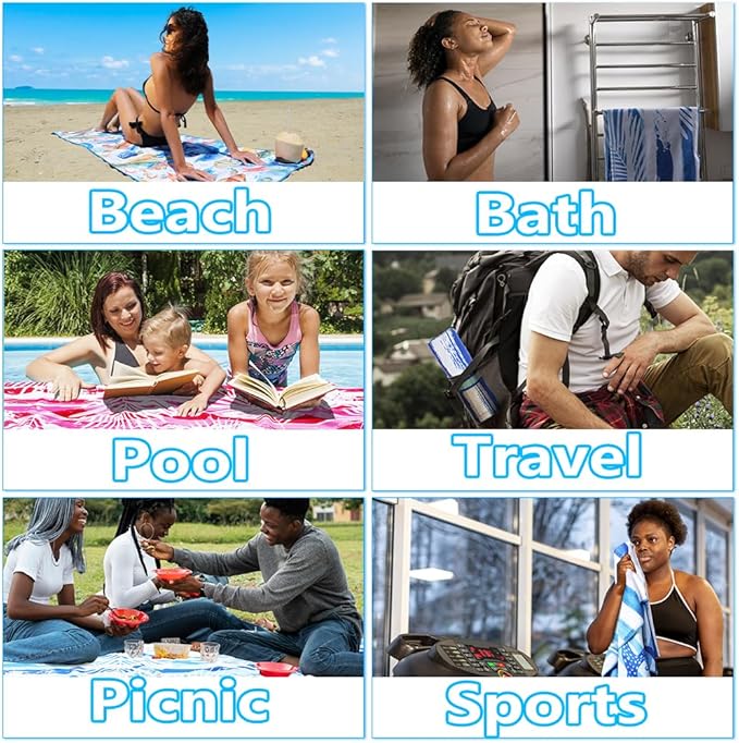 6 Pack Microfiber Lightweight Beach Towel Sand Free Quick Dry Absorbent Thin Compact Towels for Swimming Pool Camping Beach Accessories Large Easy Pack Travel Things for Vacation Essentials Gift