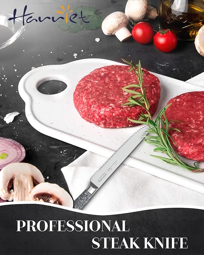harriet Steak Knives Set of 8, 4.5" Serrated Steak Knives, Full Tang Premium Stainless Steel Steak Knives Set with Gift Box, Dinner Knives, Marble Pattern Handle