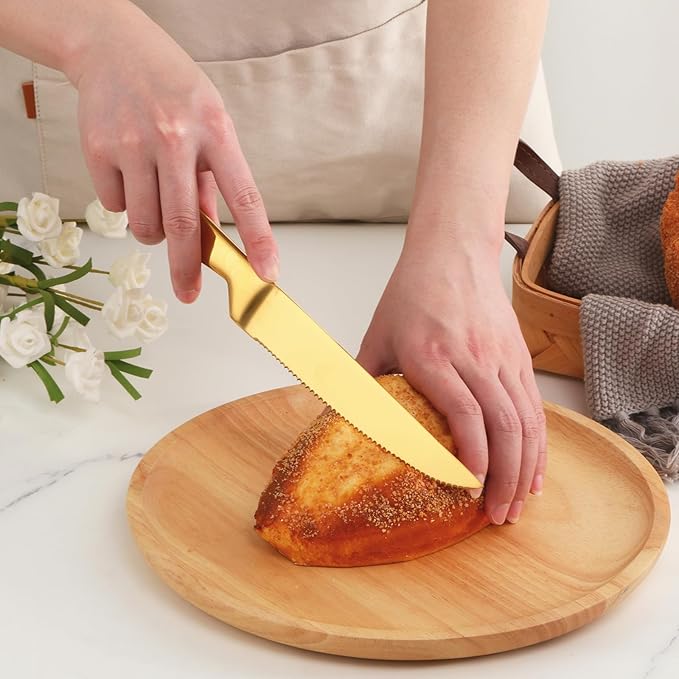Buyer Star Steak Knife Set, 4-Piece Serrated Steak Cutlery Steak Knife, Gold Stainless Steel Steak Cutlery Knife for Home, Restaurant, Hotel, 22cm