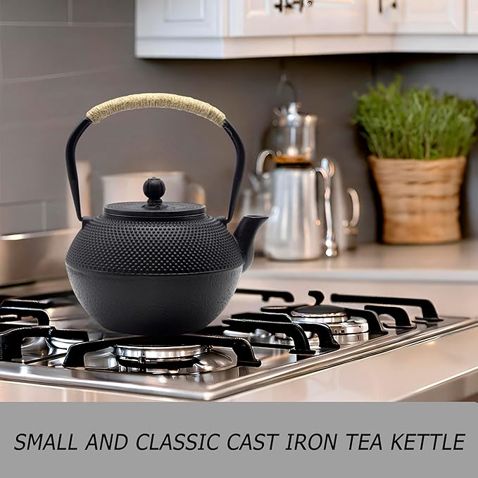 YJX Cast Iron Tea Pot Set, Japanese Tetsubin, 40.6oz Tea Kettle for Stovetop, Black Teapot with Stainless Steel Infuser for Loose Leaf Tea, 1200ml Small Asian Tea Set with Teacups
