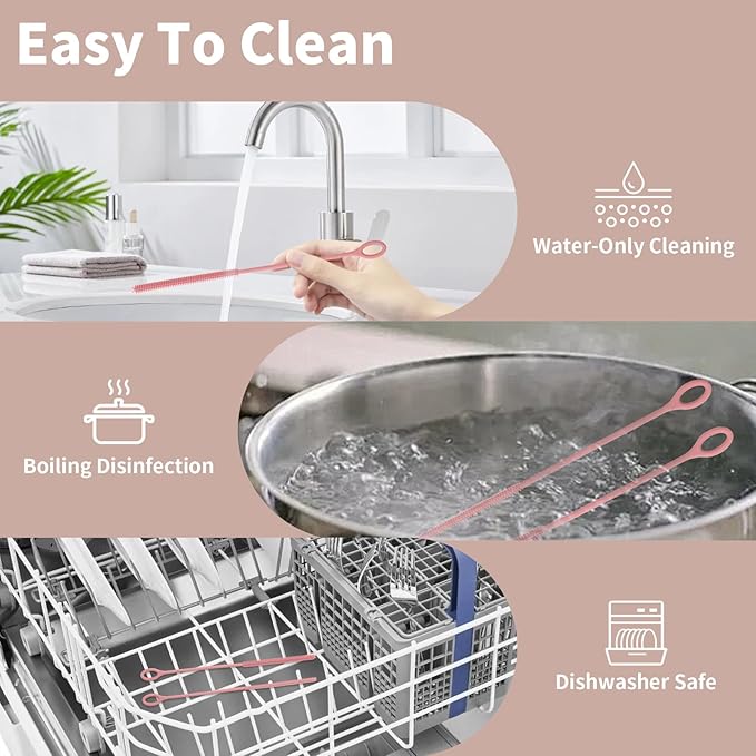 Silicone Straw Cleaner Brush, 2Pcs Reusable Straw Brush Extra Long for Cleaning Tumbler with Handle and Glass Metal Smoothie Straws, Non-slip Handle Soft and Bendable, 6mm+9mm (Pink)