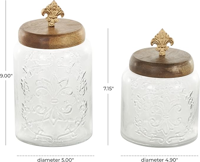 Deco 79 Glass Scroll Living Room Decorative Jars Decorative Container with Brown Wooden Lids and Gold Fleur-De- Lis Knobs, Set of 2 Jar with Lid 9", 7"H, Clear