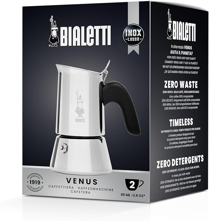 Bialetti - New Venus, stainless steel espresso coffee machine, suitable for all types of stoves, 2 cups (85 ml), aluminium, silver (Not induction safe)