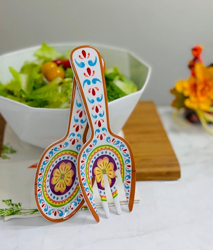 UPware Cinco de Mayo Melamine Salad Servers, Serving Utensil Set, Includes Serving Fork and Spoon for Tossing Salad, Pasta, Cinco de Mayo Decorations, Multicolor, 10.75 Inch, Set of 2