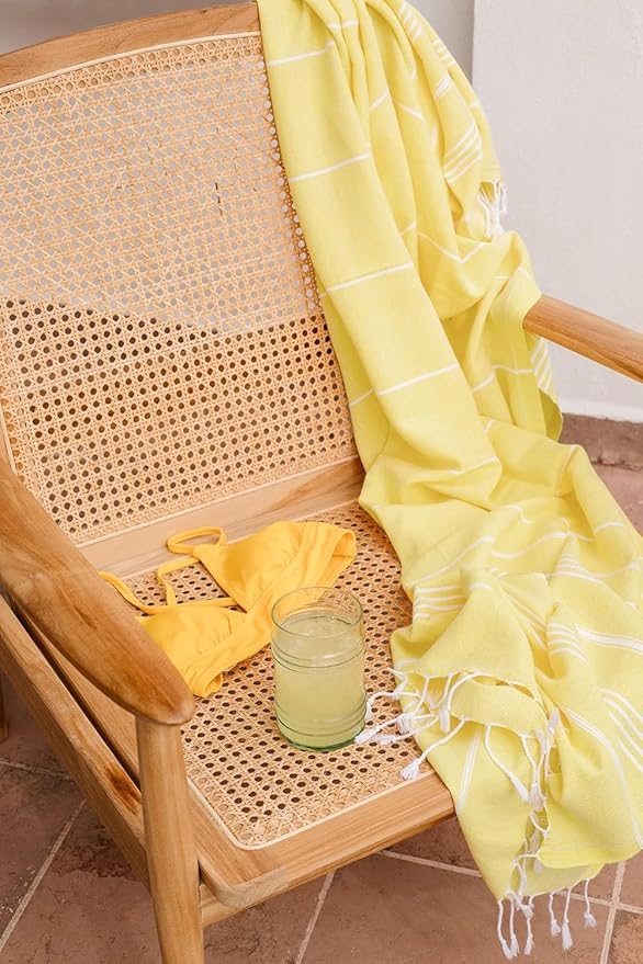 Madamelique Turkish Beach Towel Oversized - 39 x 74 - Quick Dry - Sand Free - Extra Large - Prewashed Beach Towels - Summer Gift - Beach Essentials - Travel Towel (Mediterranean Without Bag, Yellow)
