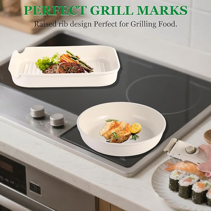 12 PCS Kitchen Cookware Set Aluminum non stick pan Removable & microwaveablewith, Induction Pot Pan Set for RV Cookware,Oven Safe, PFOA Free(White)