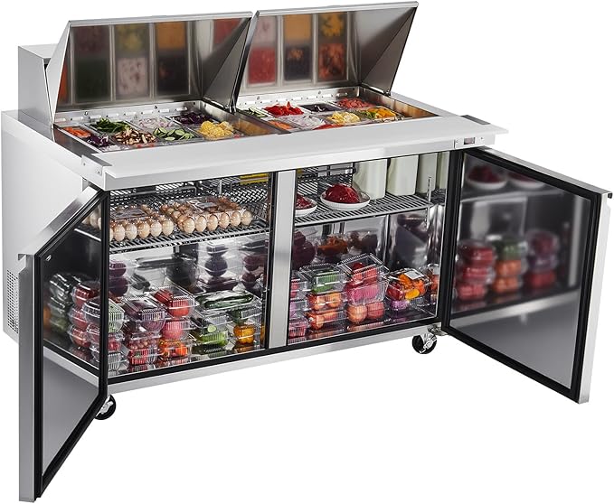 VEVOR 60"W Commercial Refrigerator, 15.4 Cu. Ft Sandwich Prep Refrigerated Table, Mega Top Food Prep Fridge with 24 Pans and Cutting Board, Stainless Steel Salad Prep Cooler for Restaurant, Food Truck