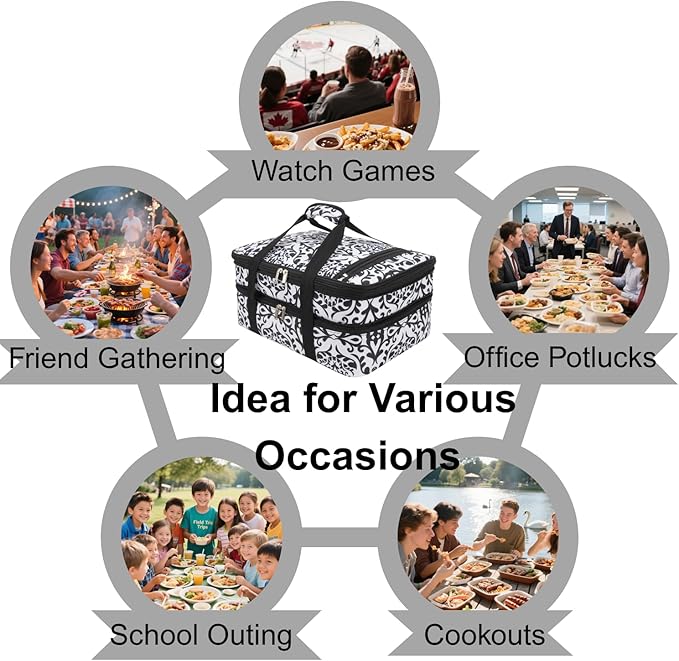 Insulated Casserole Carrier Bag - Double Decker Portable Lunch Transport Tote Bag Fits 9"x13" Lasagna Baking Dish to Keep Food Hot/Cold for Gathering/Potluck Parties/Cookouts/Picnics -Black/white