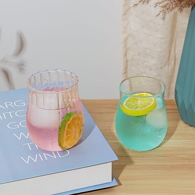 Koythin 2-Piece Ribbed Glass Cups, Vintage Drinking Glassware for Iced Coffee Juice Cocktails Milk Tea Beer, 10 oz/300 ml Cute Bubble Cup with Rounded Shape (Oval Tulip)