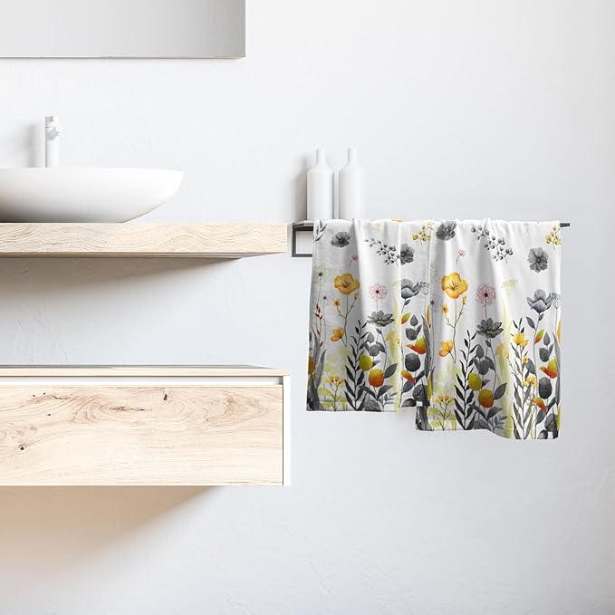 Imiss Grey Yellow Poppy Floral Hand Towel 14.4 x 28.3 Inch Watercolor Botanical Leaf Fingertip Towel Bath Washcloth for Bathroom Kitchen Home Spa,Set of 2