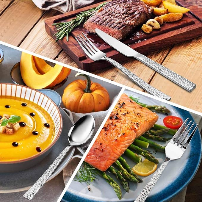 E-far 10-Piece Hammered Silverware Set, Stainless Steel Square Flatware Set Service for 2, Tableware Cutlery Set Includes Forks Spoons Knives, Modern Design & Mirror Polished - Dishwasher Safe