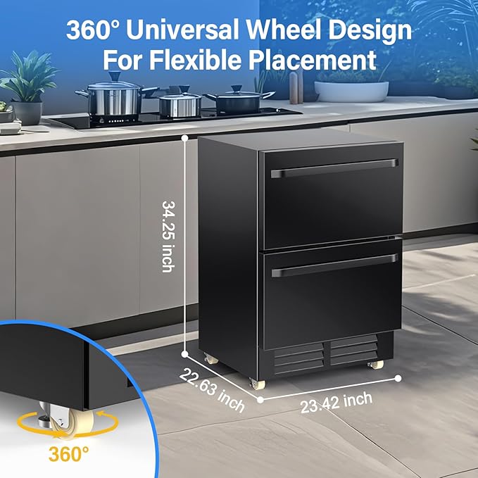 24 Inch Outdoor Refrigerator for Patio with Wheels-Under Counter Dual Drawer Beverage fridge with Stainless Steel Door, Built-In/Freestanding Drink Cooler for Outdoor/Indoor, Weatherproof, Black