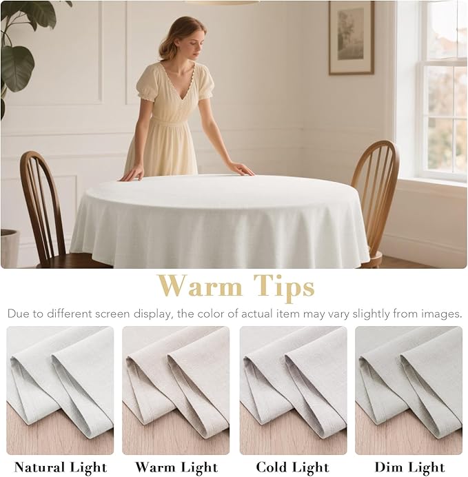 H.VERSAILTEX Linen Table Cloths Round 60 Inch Premium Tablecloth Spill-Proof Waterproof Table Cover for Dining Buffet Feature Extra Soft and Thick Fabric Wrinkle Free, White