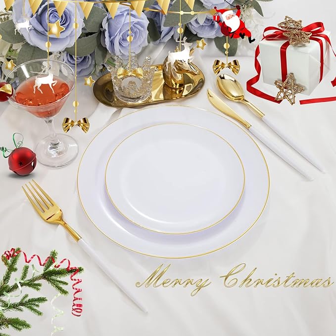 I00000 144Pcs Gold Plastic Silverware, Gold Plastic Utensils Set,Disposable Utensils Heavy Duty,Disposable Silverware Set Includes 48 Forks,48 Knives,48 Spoons for Party & Thanksgiving