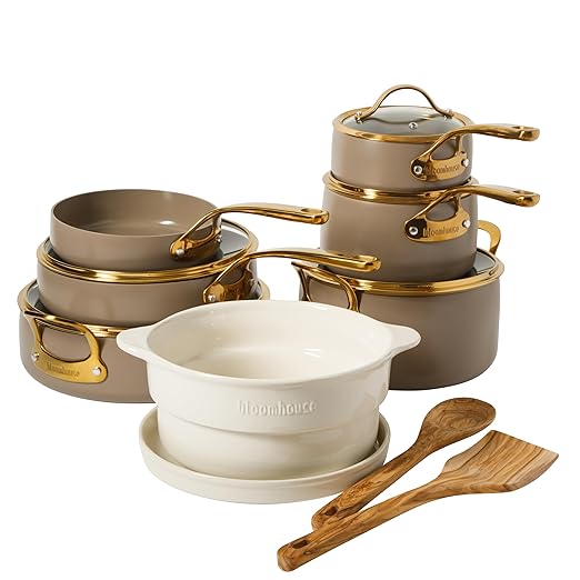 Bloomhouse - Two Time Oprah's Favorite Things Winner - 15 Piece Pots and Pans Heavy Duty Aluminum Premium PFA Free Ceramic Nonstick Dutch Oven Pot with Lid - Cappuccino Cream with Gold Handle
