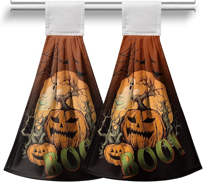 Halloween Boo Hanging Dish Towels Pumpkin Ghost Spooky Hand Towels with Hanging Loop Scary Moon Night Hanging Kitchen Towel Soft Absorbent Tea Towel for Halloween Home Bathroom Decor 2 Pcs