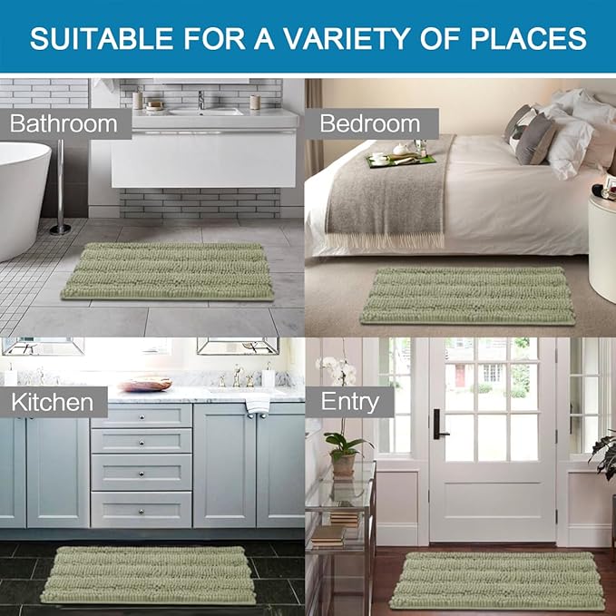 H.VERSAILTEX Bathroom Rug Sets 2 Piece Bath Mats Non Slip Thick Soft Chenille Striped Bath Rug achine Washable Shower Floor Rugs for Tub, Shower and Floor (Eucalyptus Green, 20" x 32"/24" x 36")