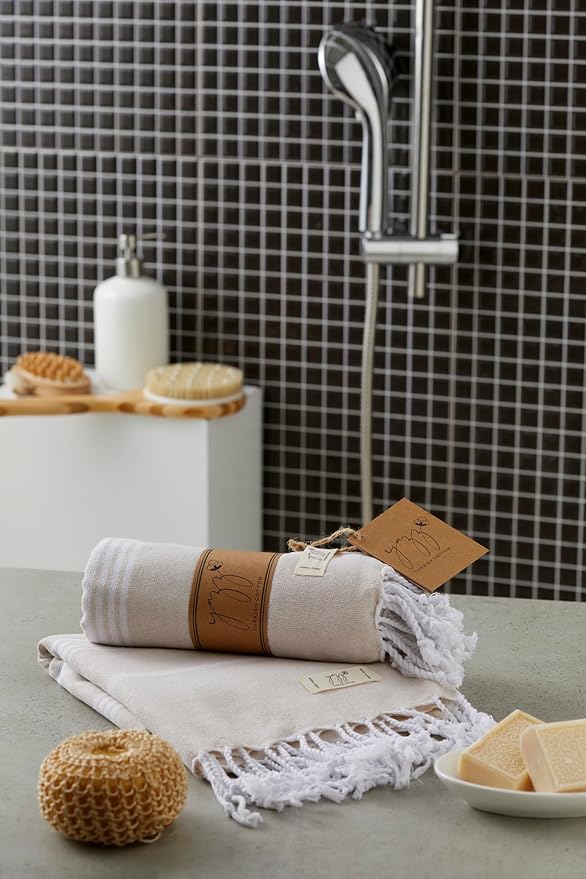 Hand Towels - Set of 2, 18" x 30" inches, Decorative Peshtemal Cotton Hand Towels for Kitchen, Bath, Guest, Face, Hair, Gym, Yoga, Dishcloth, Travel (Beige)