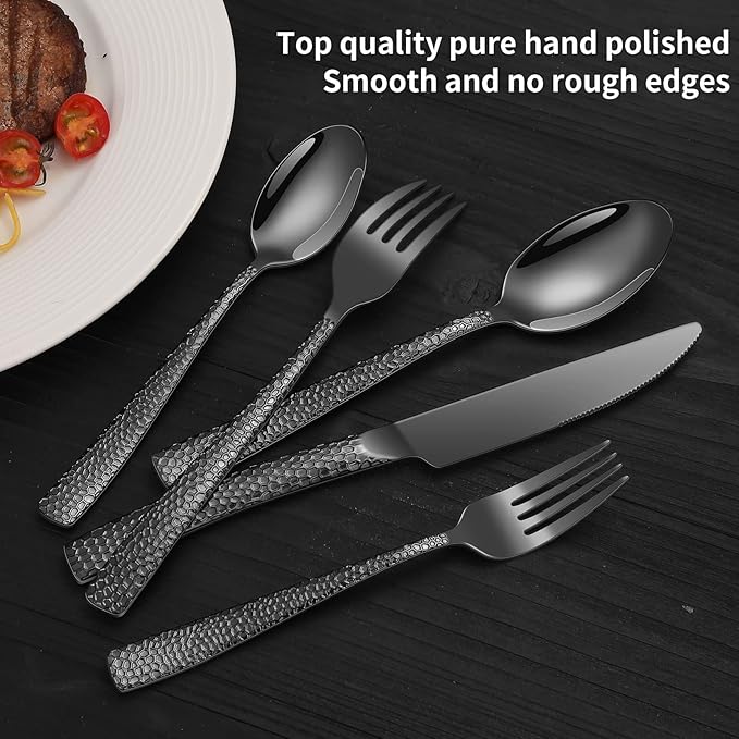 20-Piece Silverware Set, Black Hammered Stainless Steel Flatware for 4, Food-Grade Tableware, Including Fork, Knife, Spoon Set, Home Kitchen Cutlery, Dishwasher Safe