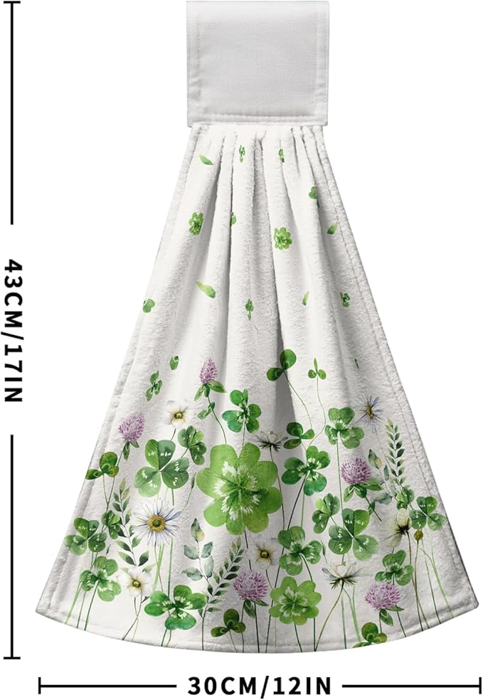 St Patricks Day Hanging Kitchen Towel Green Shamrocks Floral Hand Tie Towels Clover Saint Patrick's Day Hanging Dish Towels with Loop 12 x 17 inch Soft Spring Lucky Decor for Bathroom