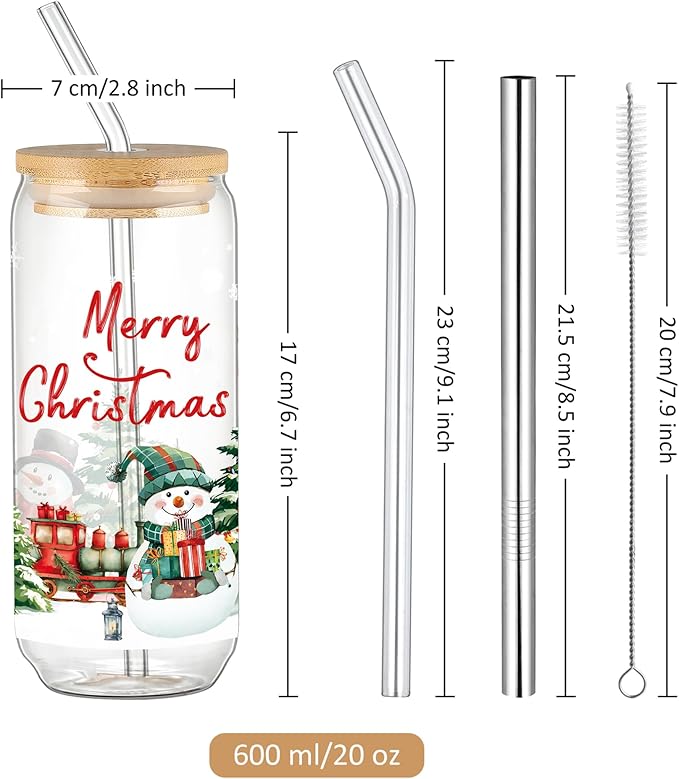 Joeyan Christmas Glass Cups,Tumbler with Lid and Straw,Snowman Train Iced Coffee Cups,Cute Can Shaped Beer Smoothie Drinking Glasses,Aesthetic Decoration Gift For Women Mom Friend,20 oz